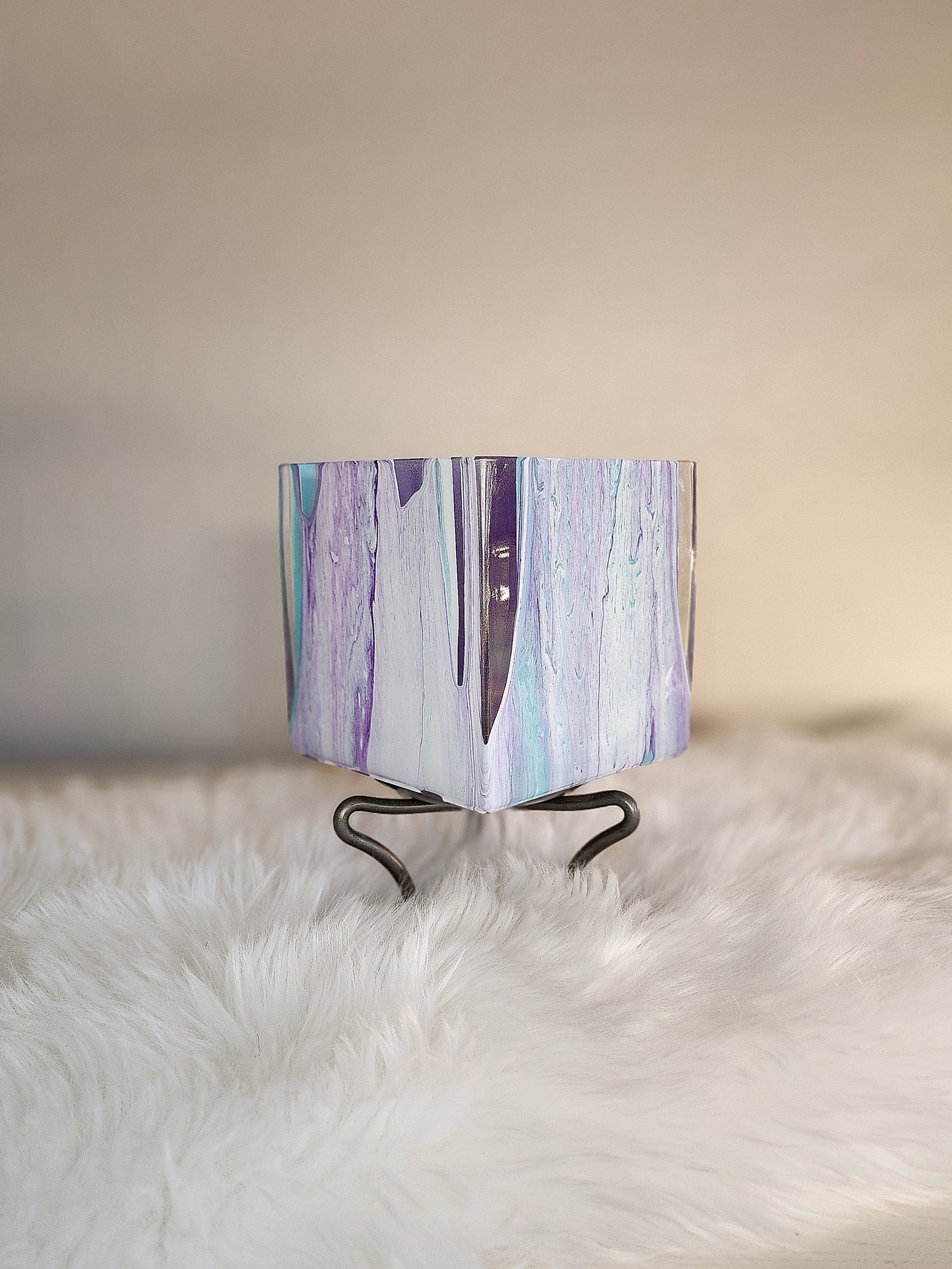 (Purple, Aqua, and White) Acrylic Fluid Art Vase 4.5"W x 4.5"H
