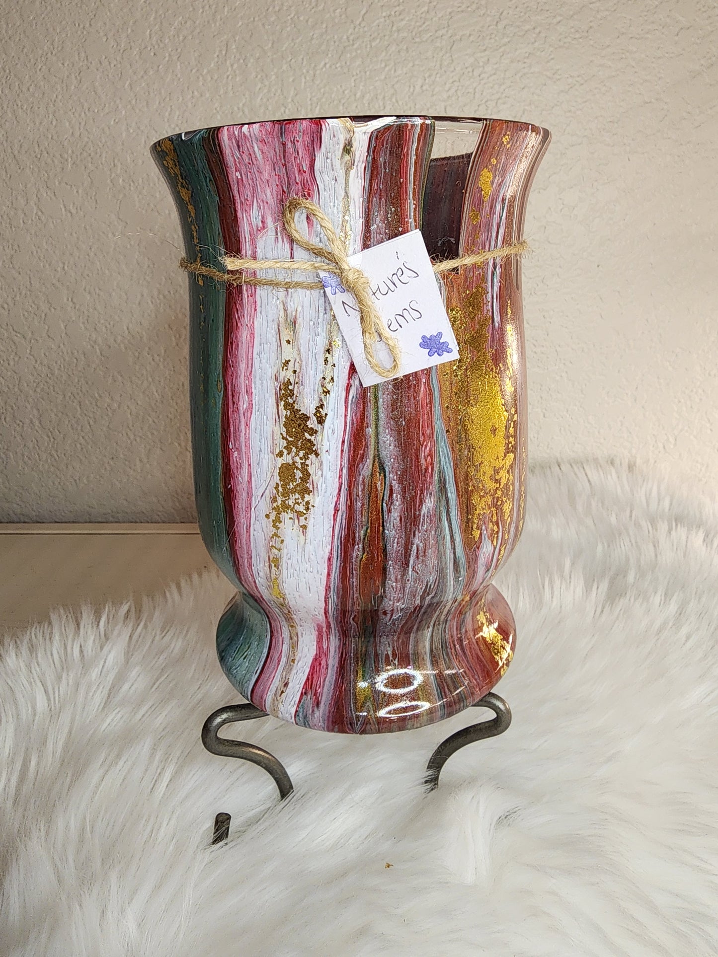 (Red, Green,White, and Gold with *Gold Flake) Acrylic Fluid Art Vase 5.5"W x 8"H