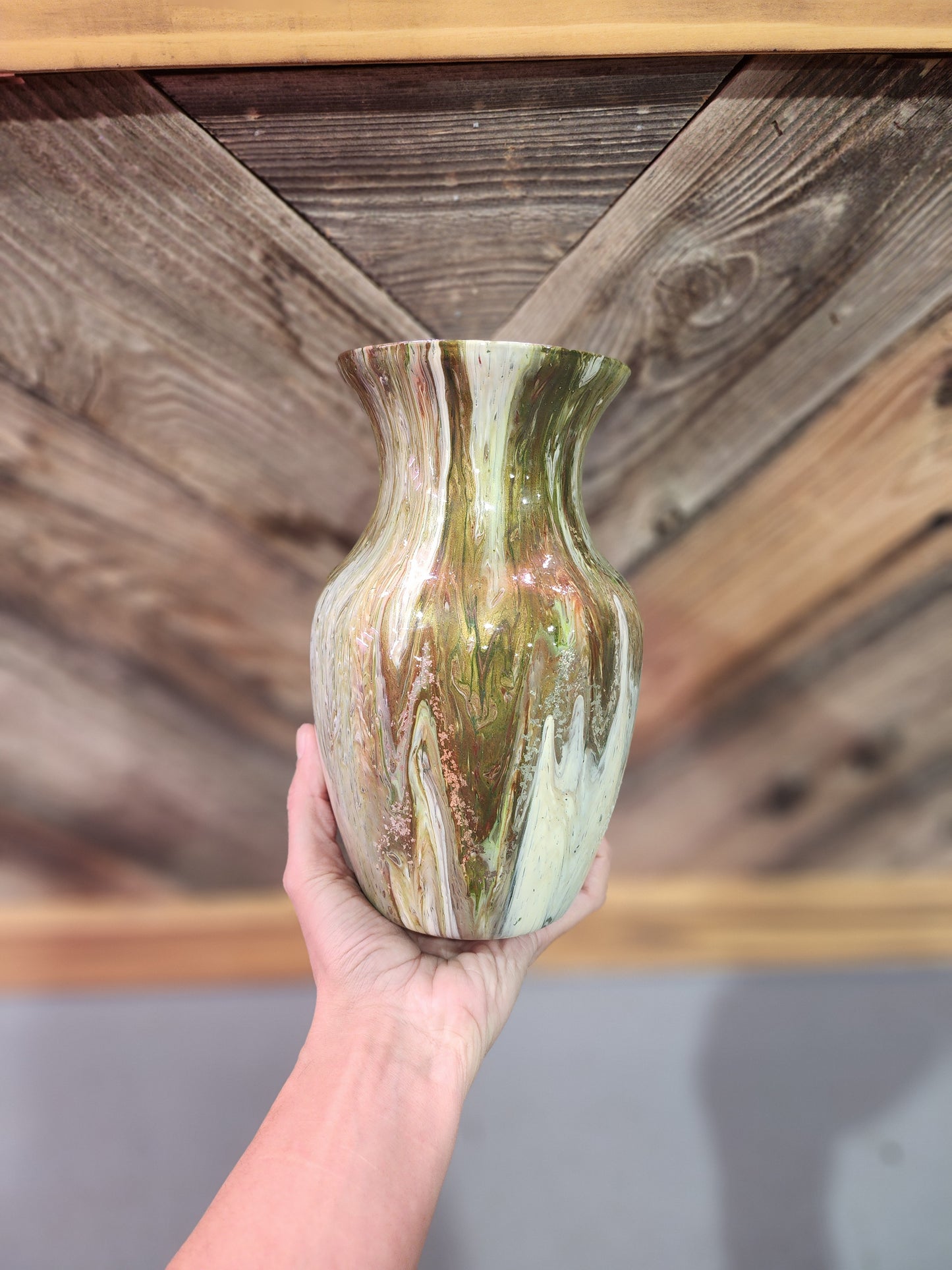 Green, White, gold and Brown with gold flake acrylic fluid art vase