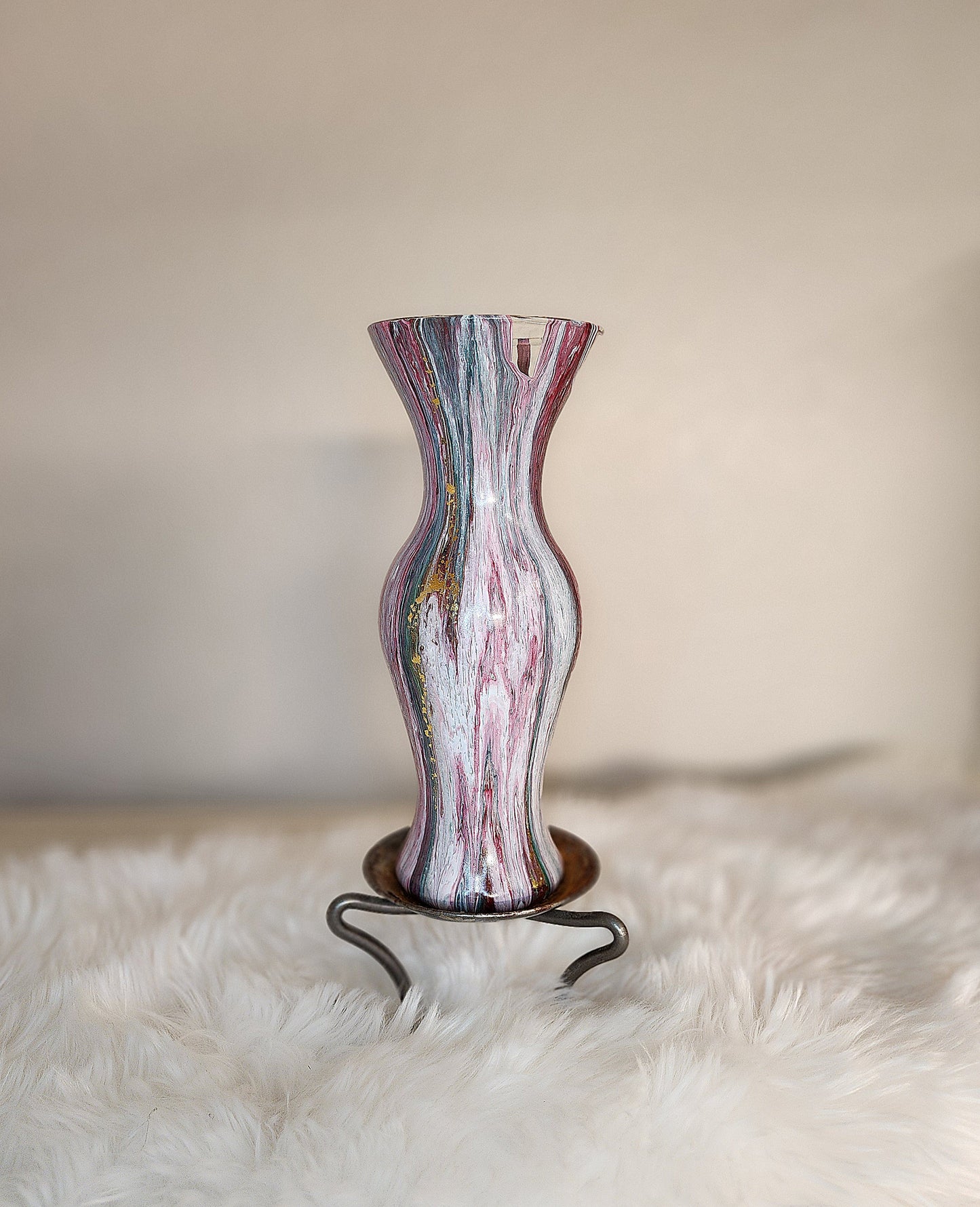 (White, Red, and Green with *Gold Flakes) Acrylic Fluid Art Vase 3.5"w x 9"h