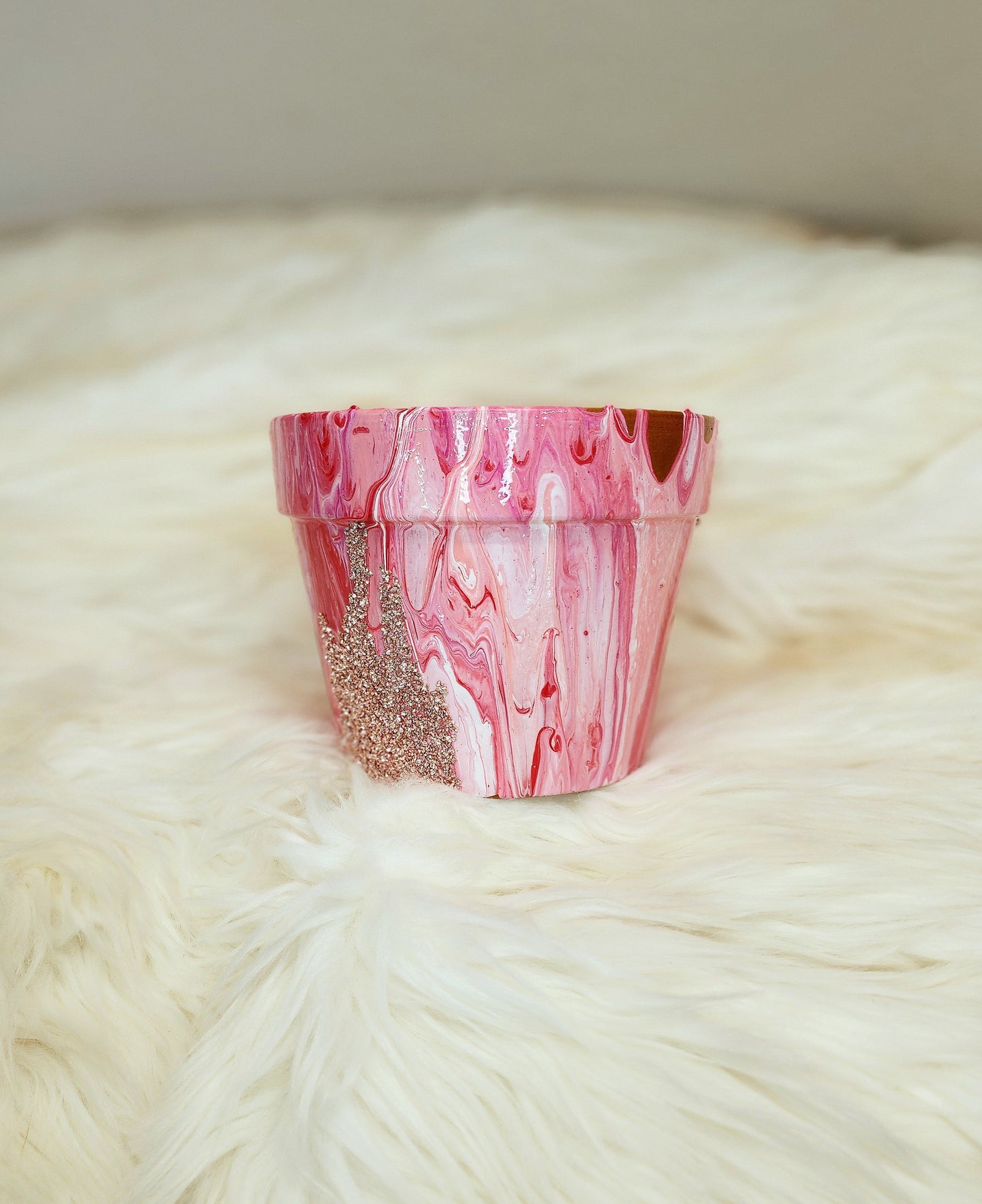(Pink, White, and Red with Sparkle Accents) Acrylic Fluid Art Pot 6.5"w x 5"h