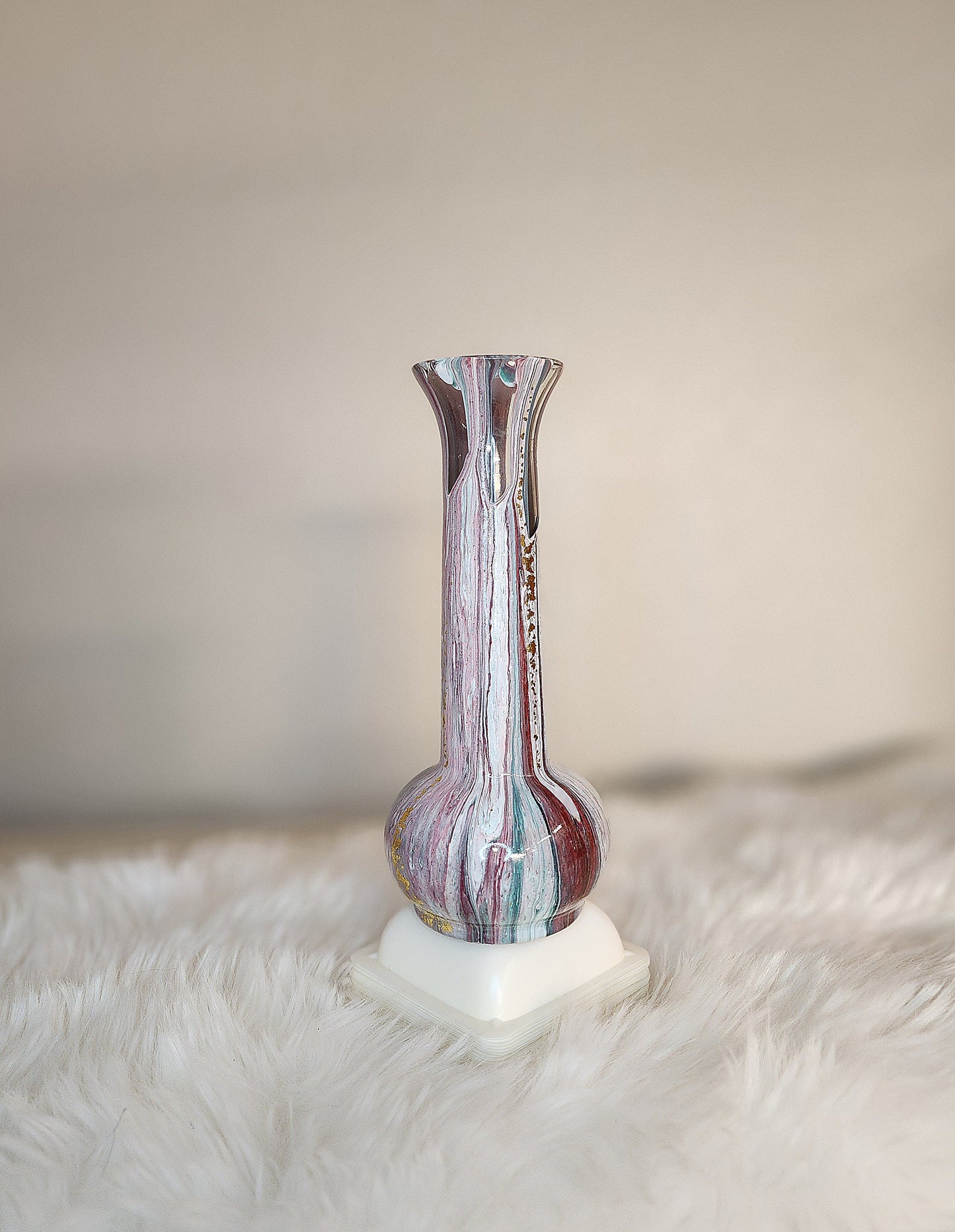 (White, Red, and Green with *Gold Flakes) Acrylic Fluid Art Vase 2"w x 7.5"h