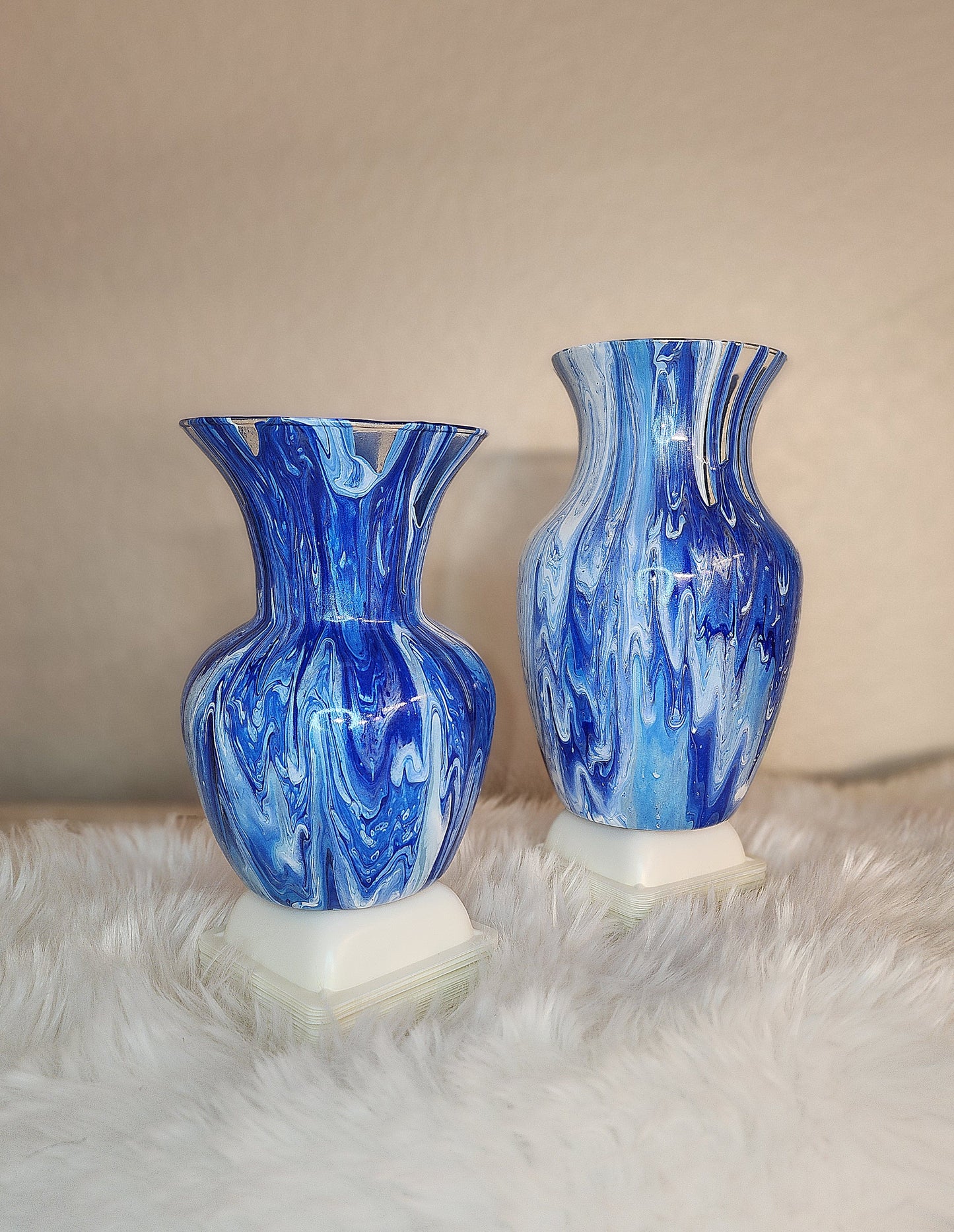 (White, Blue, and Silver) Acrylic Fluid Art Vases -(Set of 2) 4"w x 6.5"h and 4"w x 8"h