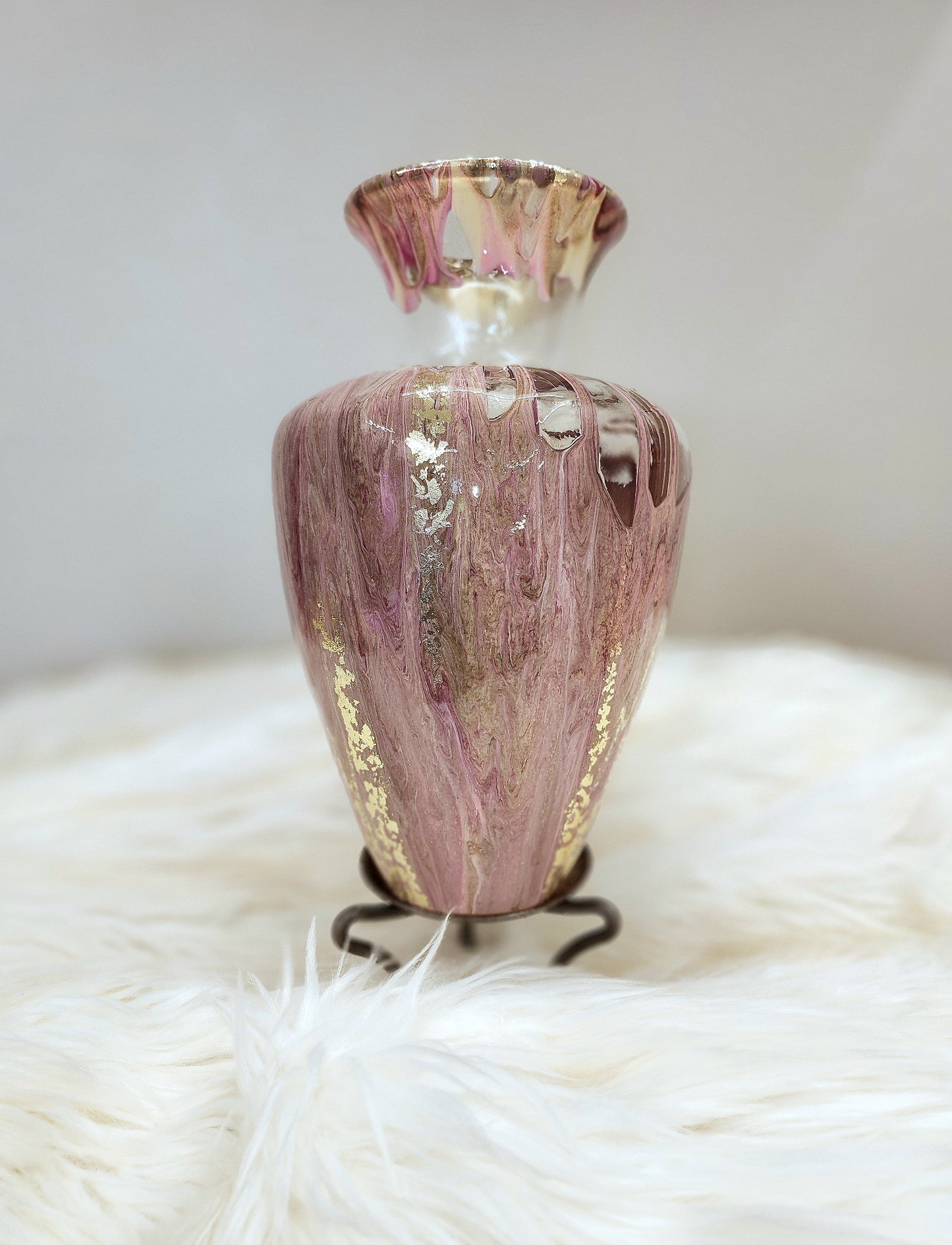(Pink, Tan, and Magenta with Gold Flake) Acrylic Fluid Art Vase 11.5"h x 8"w