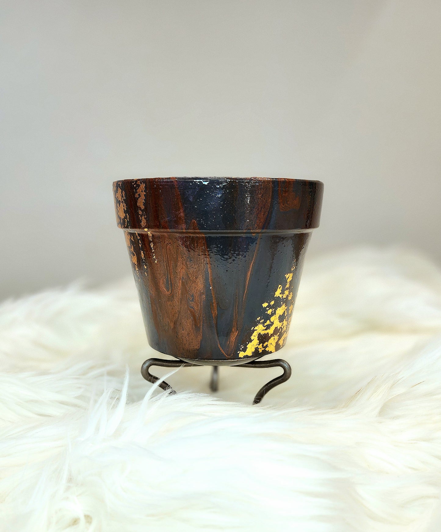 (Navy, Copper, and dark purple with Gold Flake) Acrylic Fluid Art Pot 6.5"w × 5"h