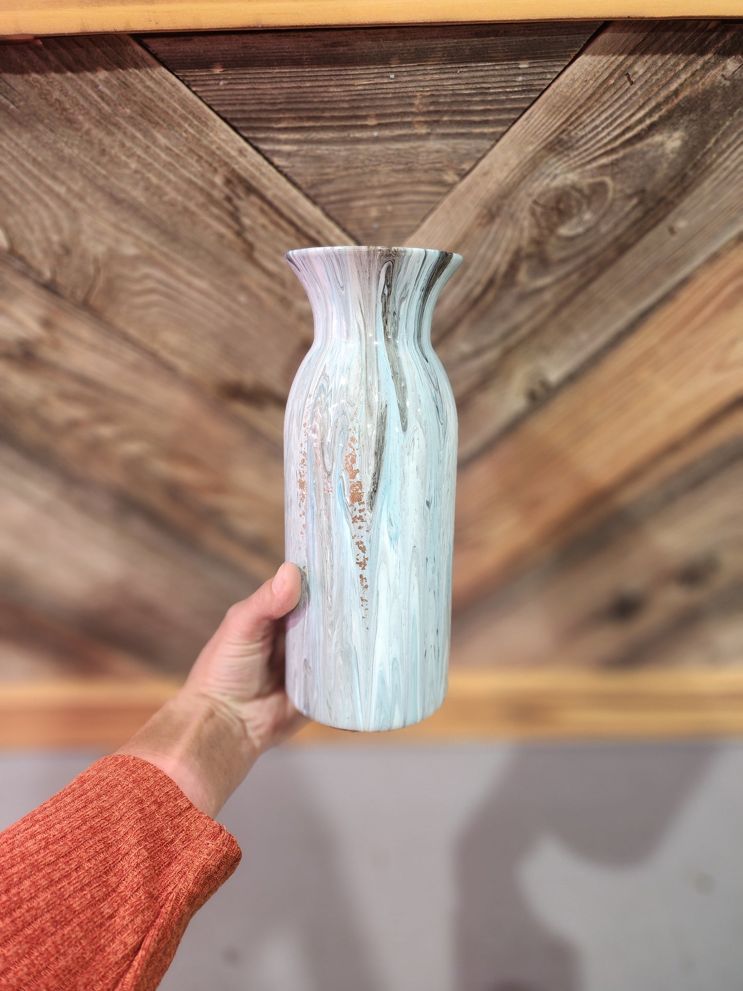 Blue, White, and Black with silver flake acrylic fluid art vase