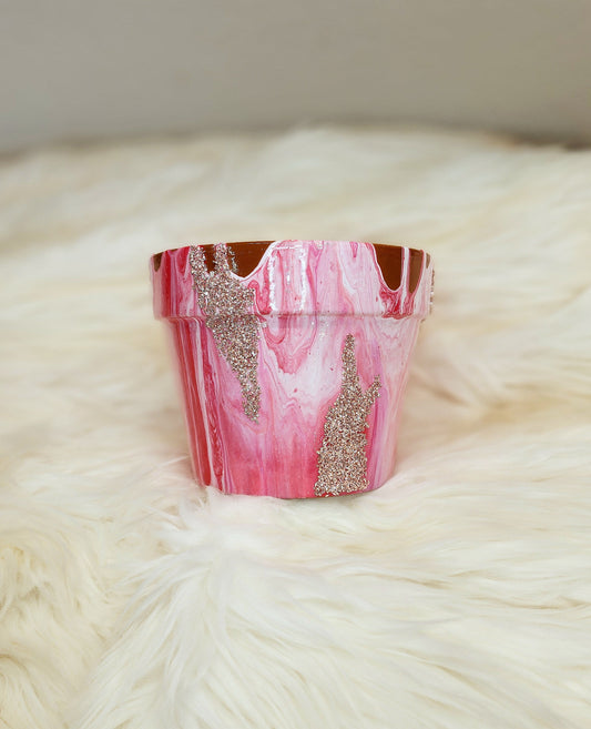 (Pink, White, and Red with Sparkle Accents) Acrylic Fluid Art Pot 6.5"w x 5"h
