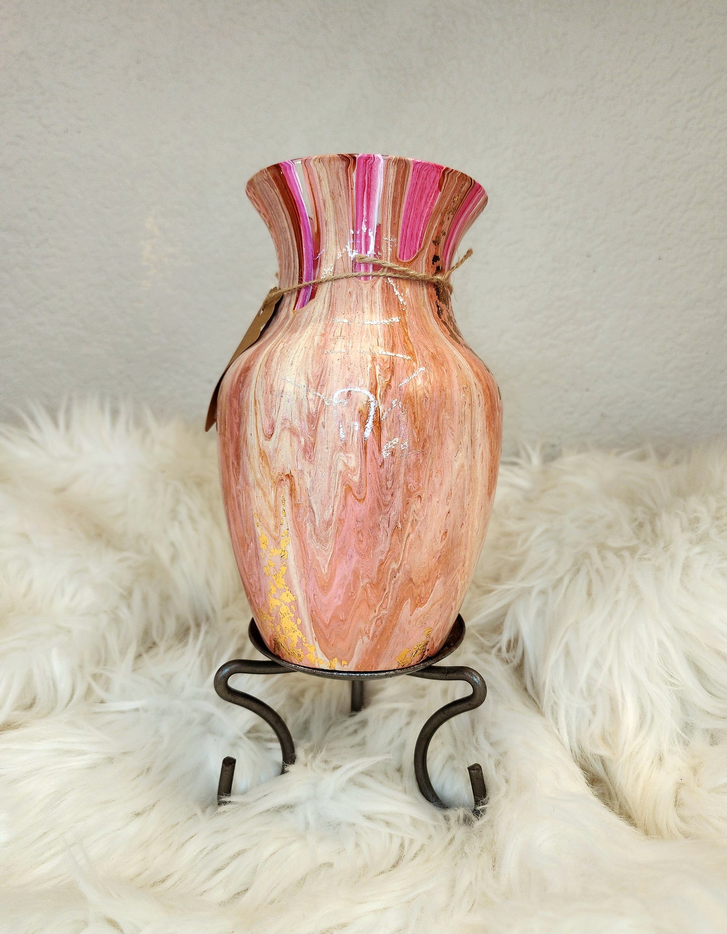 (Pink, White, and Peach with *Gold Flake) Acrylic Fluid Art Vase 5"W x 8"H
