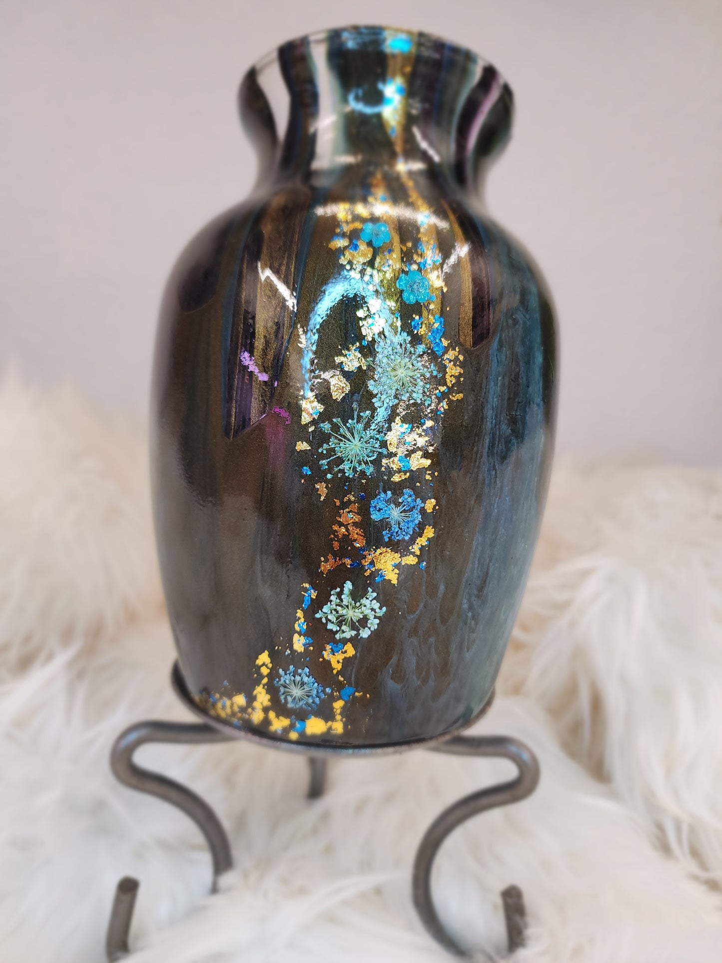 (Blue, Black, Brown, with Gold flake and real dried flowers) Acrylic Fluid Art Vase 5"W x 7"H