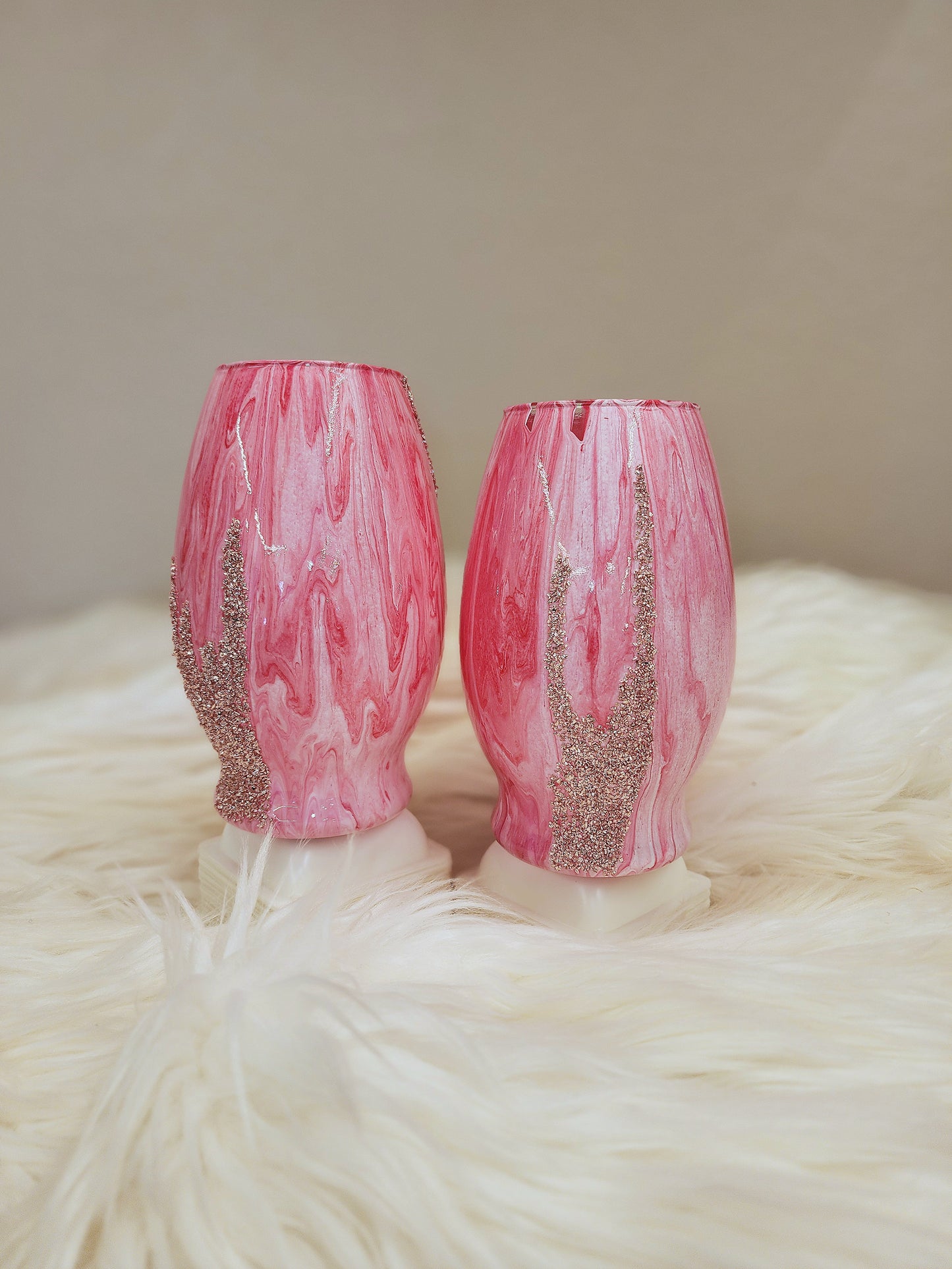 (Pink, White and Red with Sparkle Accents) Acrylic Fluid Art Vases - (Set of 2) 4.5"w x 7"h
