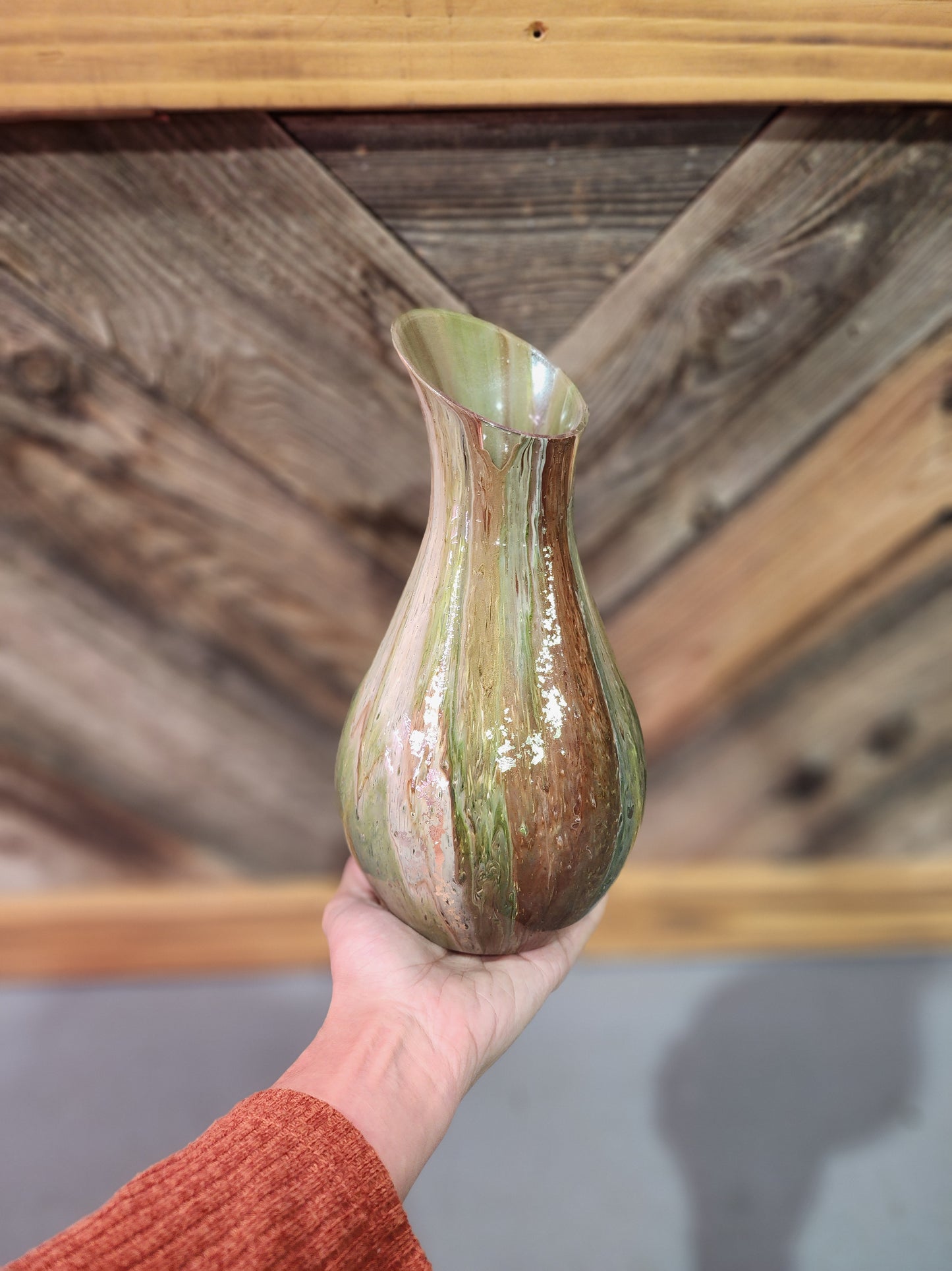 Green, White, gold and Brown acrylic fluid art vase