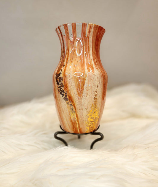 (Pink, Copper, White, and Peach with Gold Flake) Acrylic Fluid Art Vase 5.5"w × 9"h