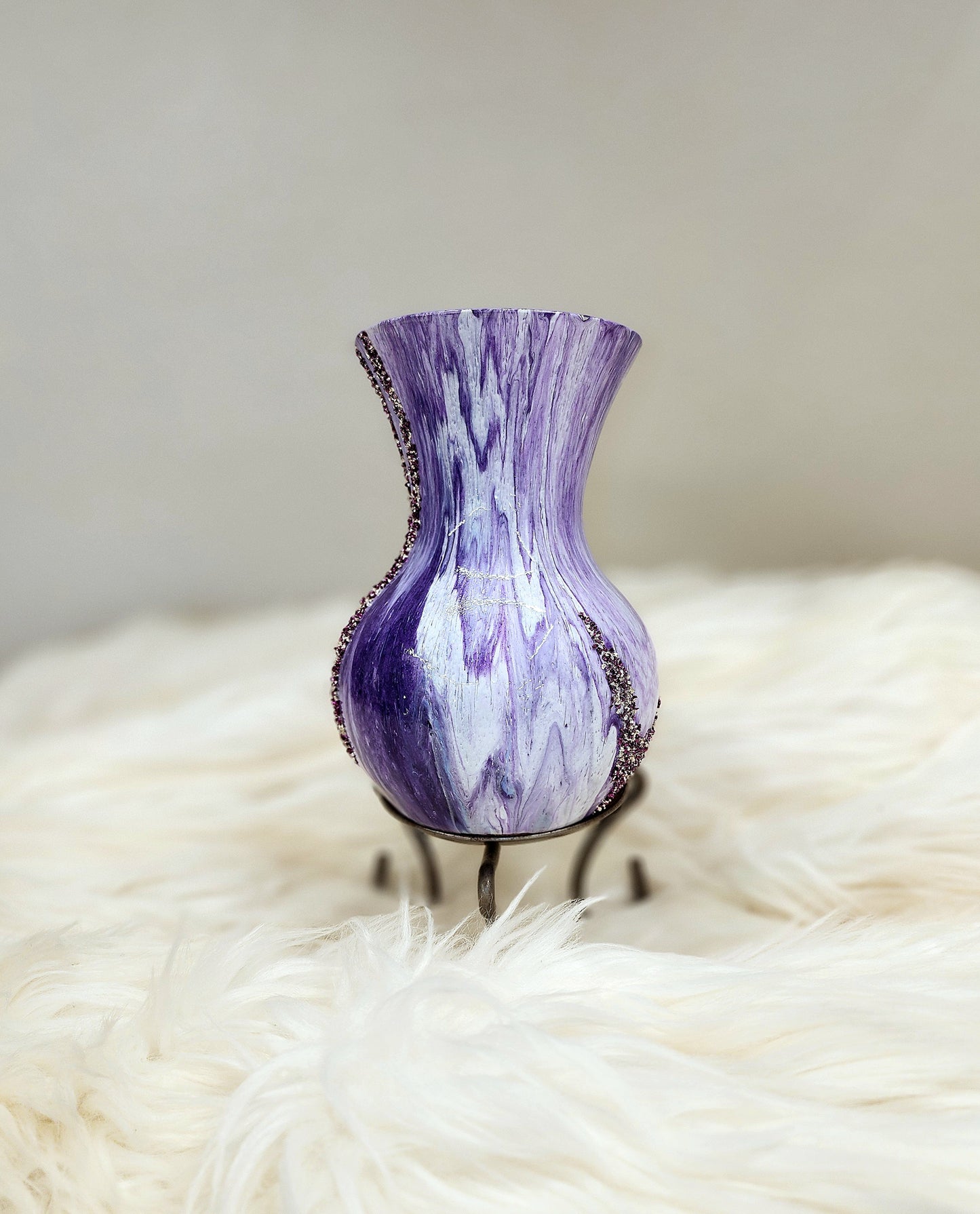 (Purple, Aqua, and White with Sparkle Accents) Acrylic Fluid Art Vase 5.5"w x 7"h