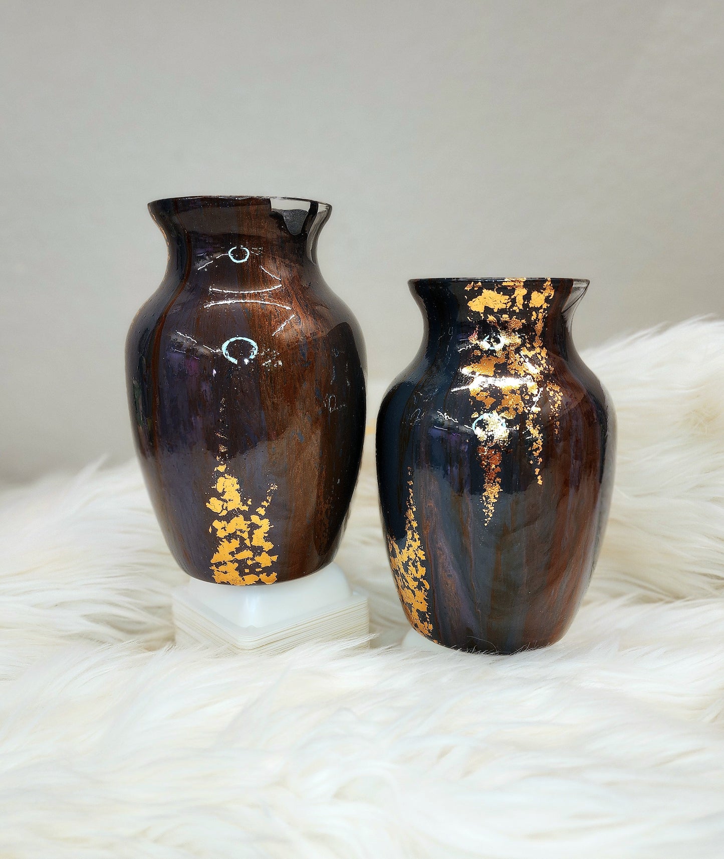 (Navy, Copper, and Dark Purple with Gold Flake) Acrylic Fluid Art Vase 5"w × 7"h