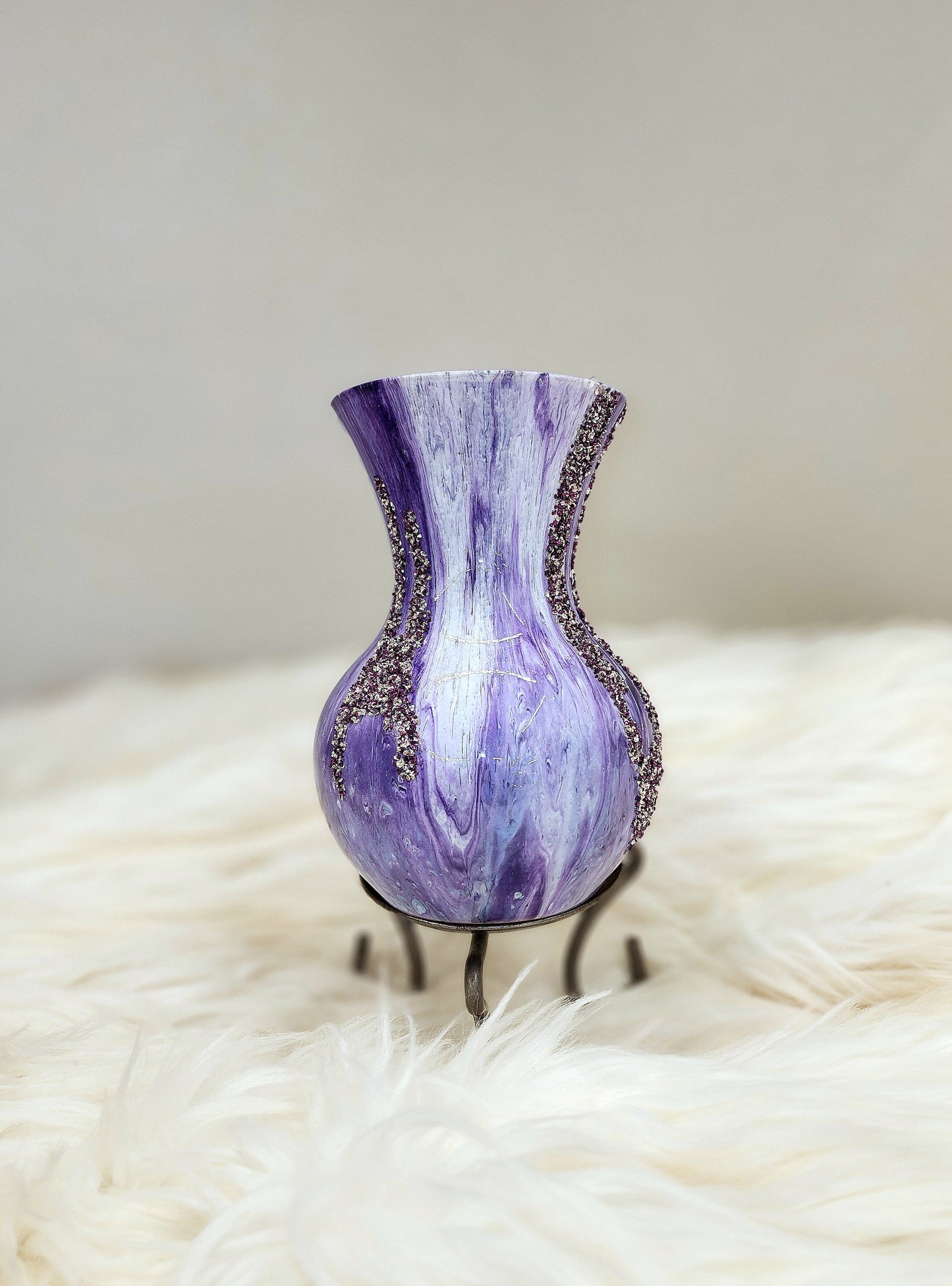 (Purple, Aqua, and White with Sparkle Accents) Acrylic Fluid Art Vase 5.5"w x 7"h