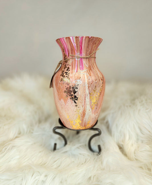 (Pink, White, and Peach with *Gold Flake) Acrylic Fluid Art Vase 5"W x 8"H