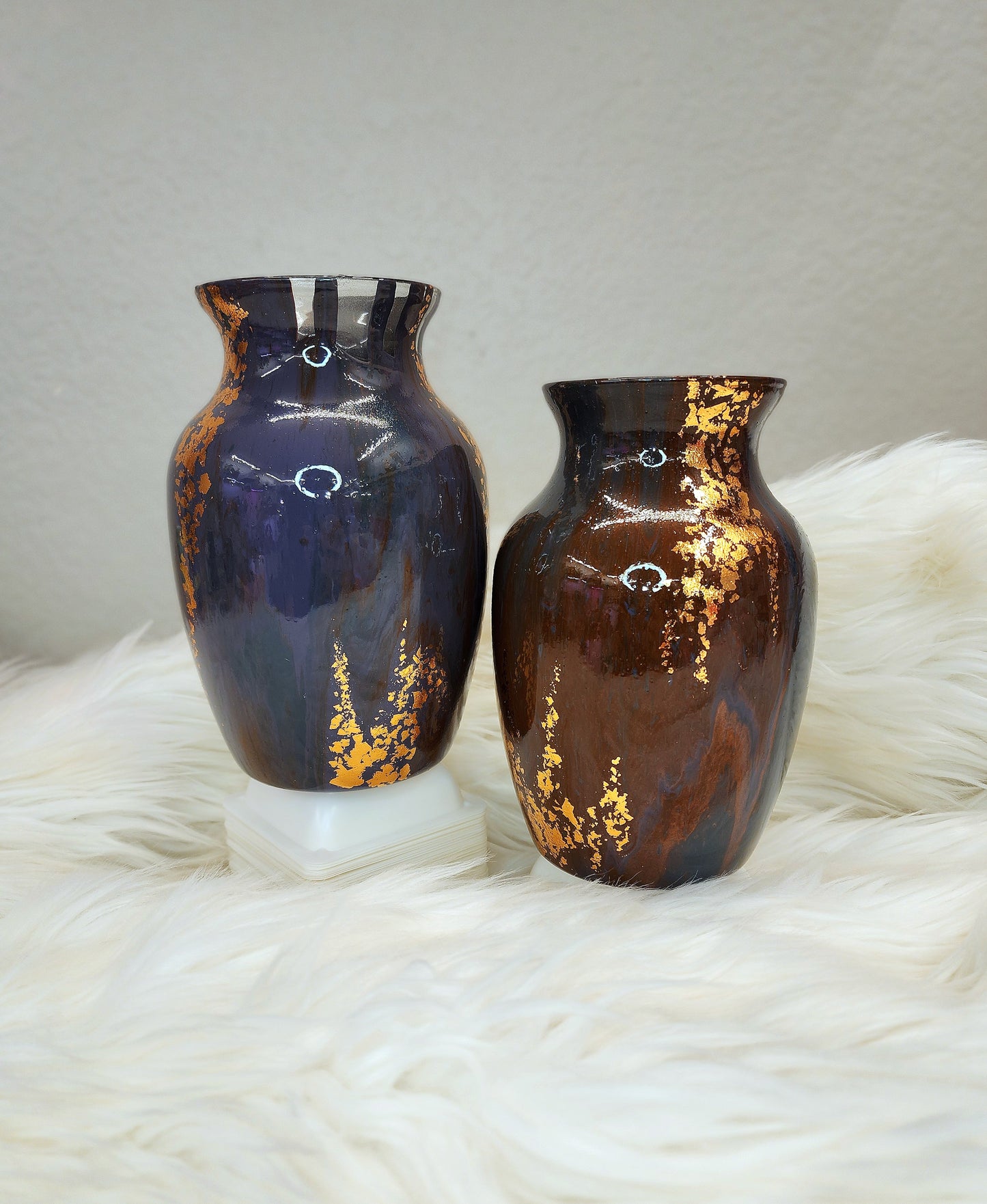 (Navy, Copper, and Dark Purple with Gold Flake) Acrylic Fluid Art Vase 5"w × 7"h