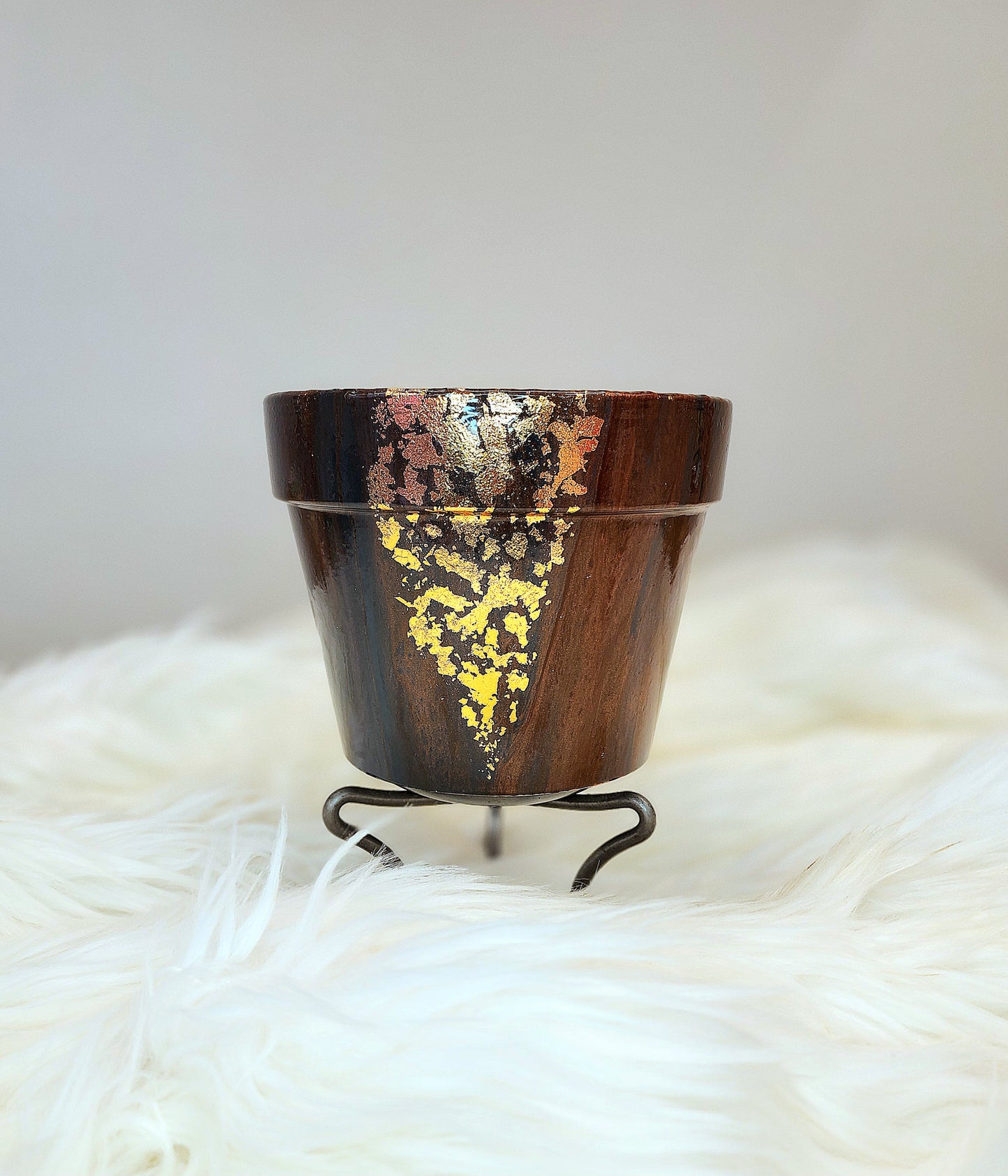 (Navy, Copper, and dark purple with Gold Flake) Acrylic Fluid Art Pot 6.5"w × 5"h