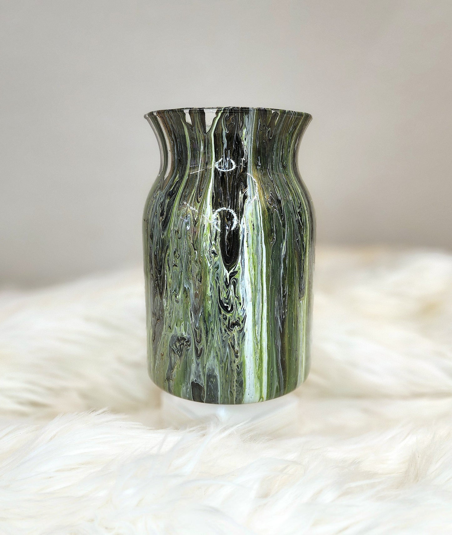 (Green, White, Black, and Gold) Acrylic Fluid Art Vase 4.75"w × 7.75"h
