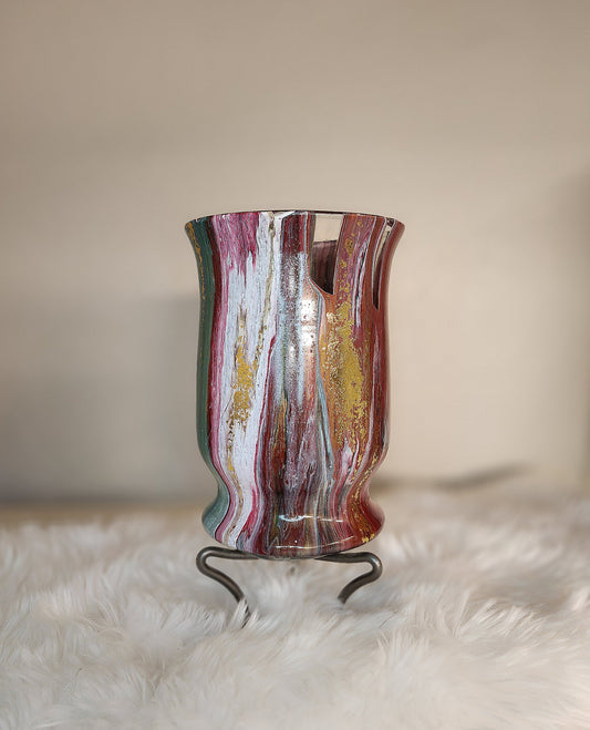 (Red, Green,White, and Gold with *Gold Flake) Acrylic Fluid Art Vase 5.5"W x 8"H