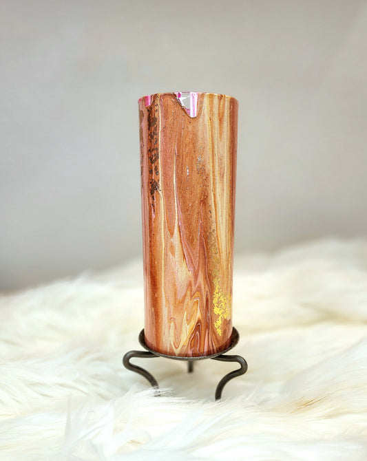 (Pink, Copper, White, and Peach with Gold Flake) Acrylic Fluid Art Vase 3.5"w × 9"h