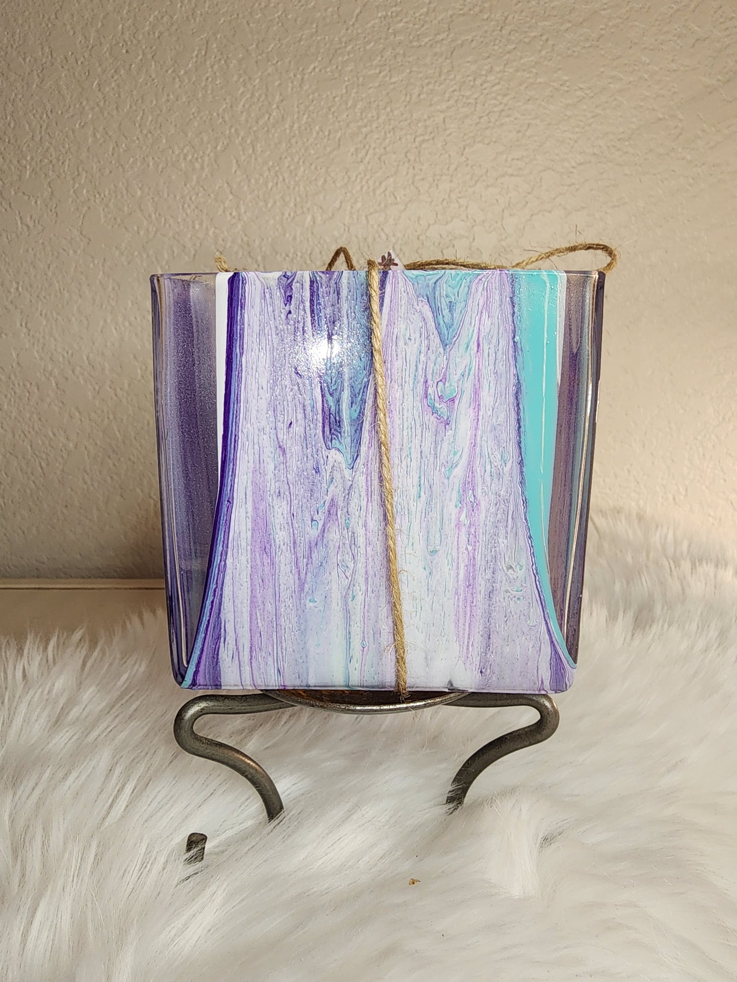 (Purple, Aqua, and White) Acrylic Fluid Art Vase 4.5"W x 4.5"H