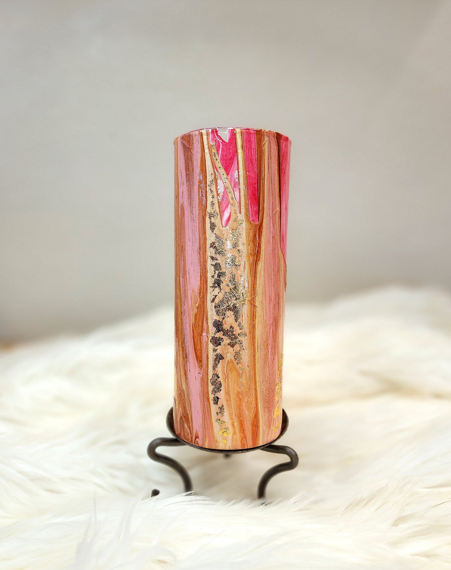 (Pink, Copper, White, and Peach with Gold Flake) Acrylic Fluid Art Vase 3.5"w × 9"h