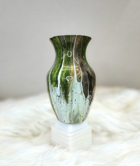 (Green, Brown, White, Black, and Gold) Acrylic Fluid Art Vase 5"W x 8"H