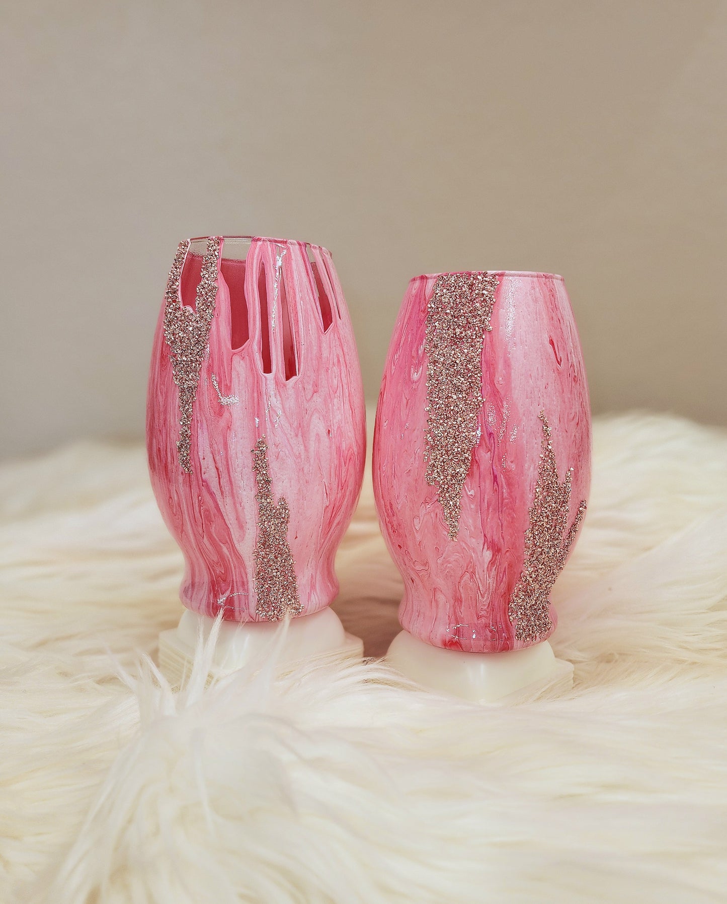 (Pink, White and Red with Sparkle Accents) Acrylic Fluid Art Vases - (Set of 2) 4.5"w x 7"h