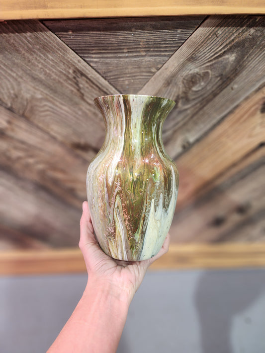 Green, White, gold and Brown with gold flake acrylic fluid art vase