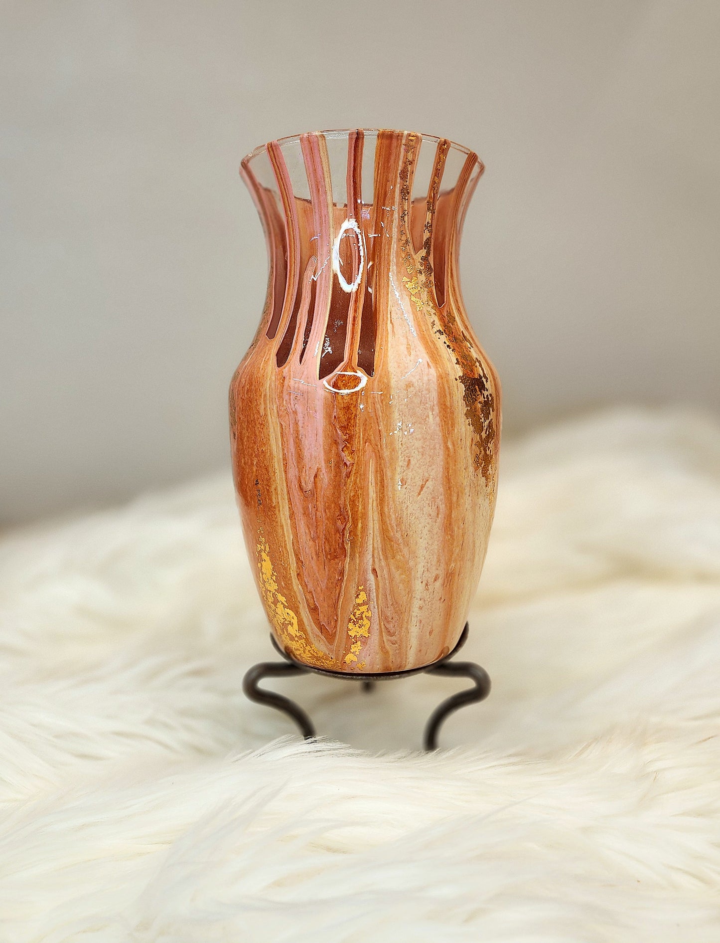 (Pink, Copper, White, and Peach with Gold Flake) Acrylic Fluid Art Vase 5.5"w × 9"h