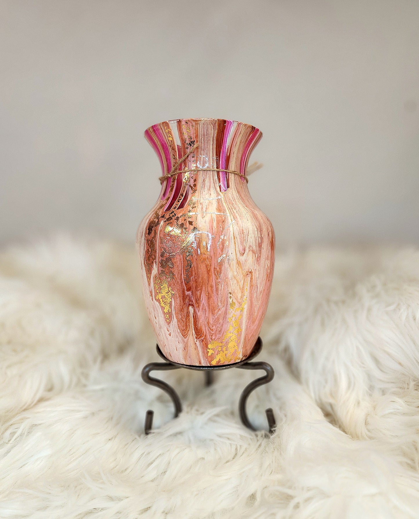 (Pink, White, and Peach with *Gold Flake) Acrylic Fluid Art Vase 5"W x 8"H