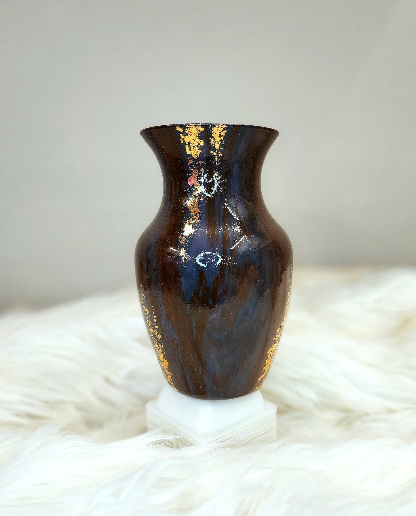 (Navy, Copper and Dark Purple with Gold Flake) Acrylic Fluid Art Vase 4"w × 8"h