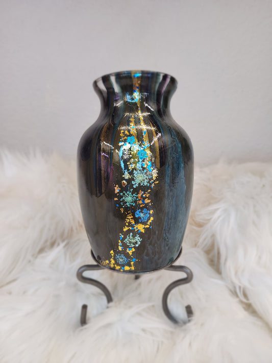 (Blue, Black, Brown, with Gold flake and real dried flowers) Acrylic Fluid Art Vase 5"W x 7"H