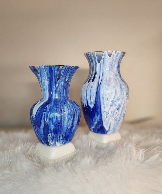 (White, Blue, and Silver) Acrylic Fluid Art Vases -(Set of 2) 4"w x 6.5"h and 4"w x 8"h