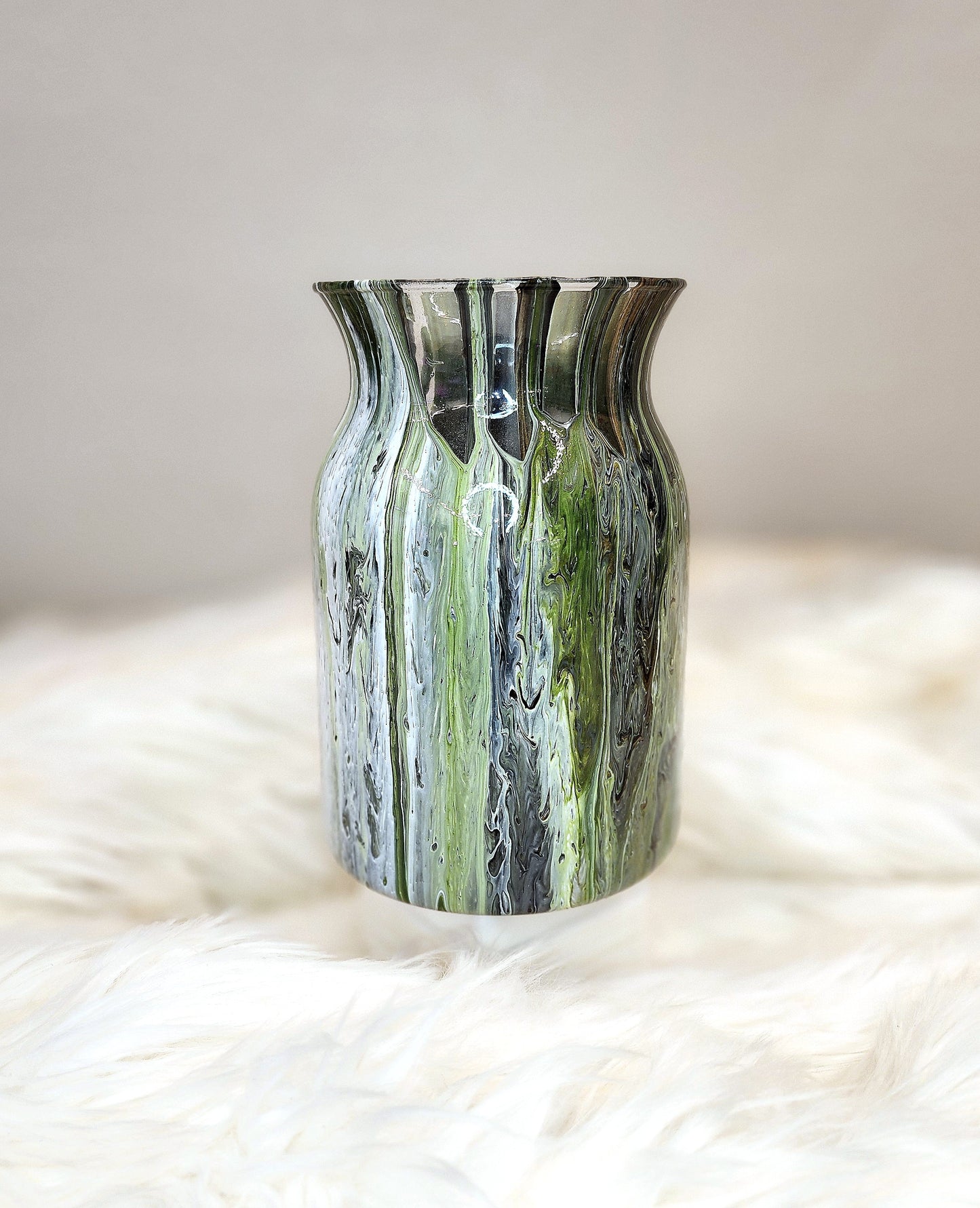 (Green, White, Black, and Gold) Acrylic Fluid Art Vase 4.75"w × 7.75"h