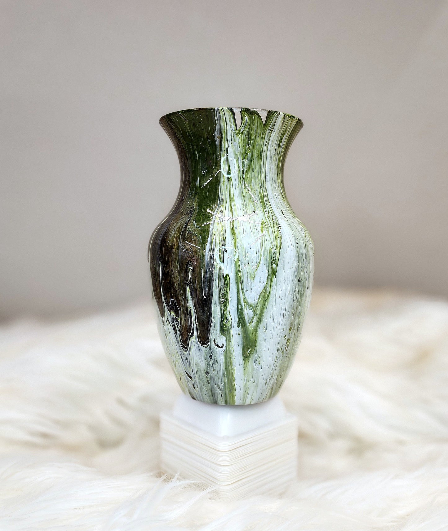 (Green, Brown, White, Black, and Gold) Acrylic Fluid Art Vase 5"W x 8"H