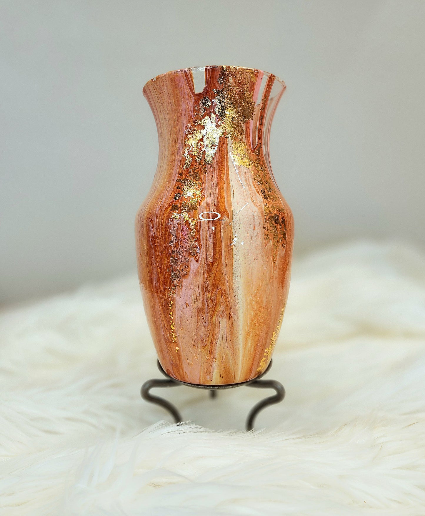 (Pink, Copper, White, and Peach with Gold Flake) Acrylic Fluid Art Vase 5.5"w × 9"h