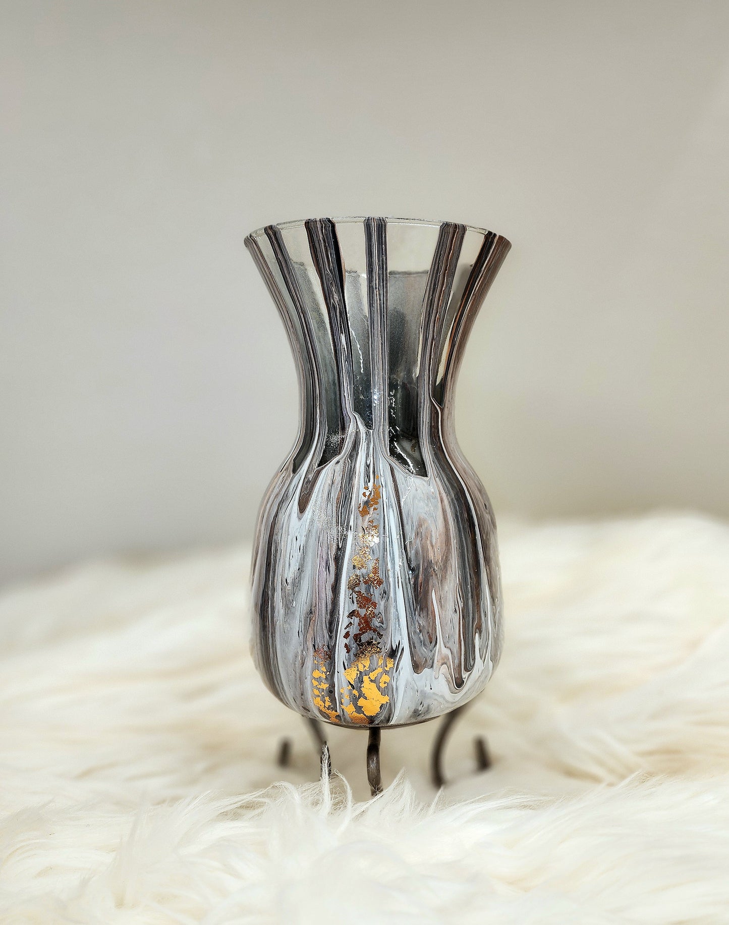 (Copper, Gray, and White with Gold Flake) Acrylic Fluid Art Vase 5.5"w x 8.5"h