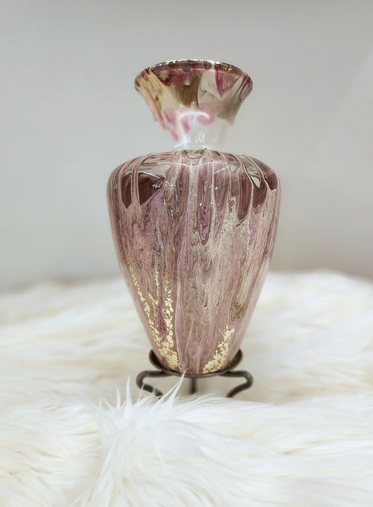 (Pink, Tan, and Magenta with Gold Flake) Acrylic Fluid Art Vase 11.5"h x 8"w