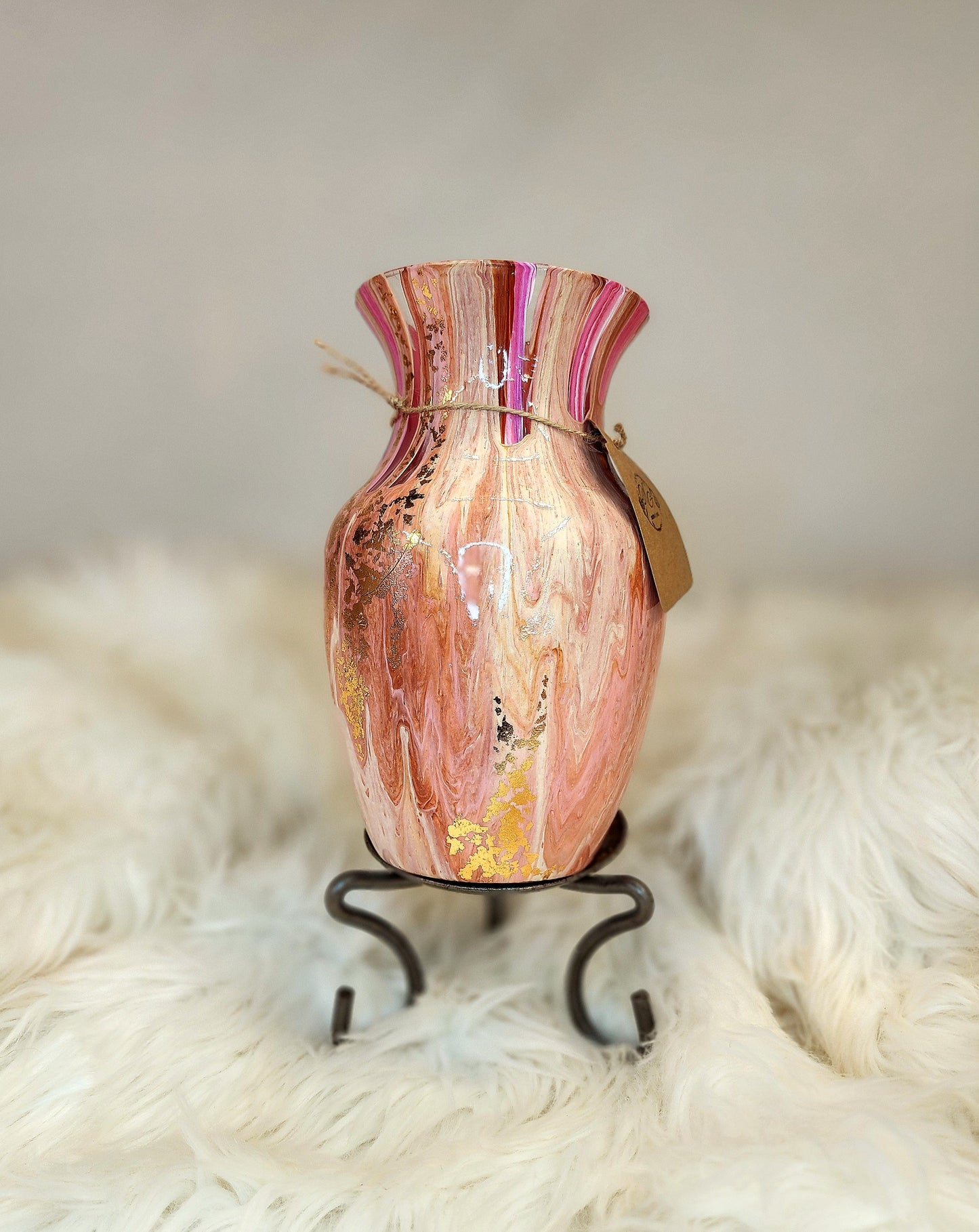 (Pink, White, and Peach with *Gold Flake) Acrylic Fluid Art Vase 5"W x 8"H