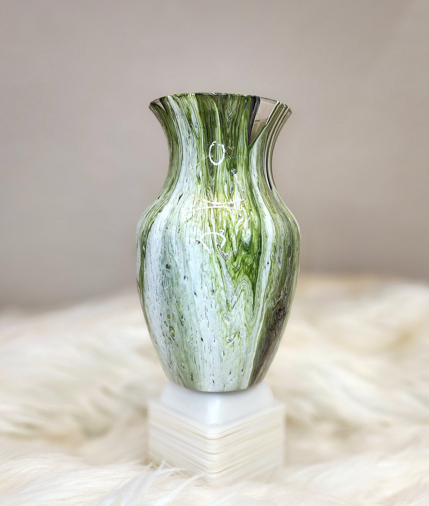 (Green, Brown, White, Black, and Gold) Acrylic Fluid Art Vase 5"W x 8"H