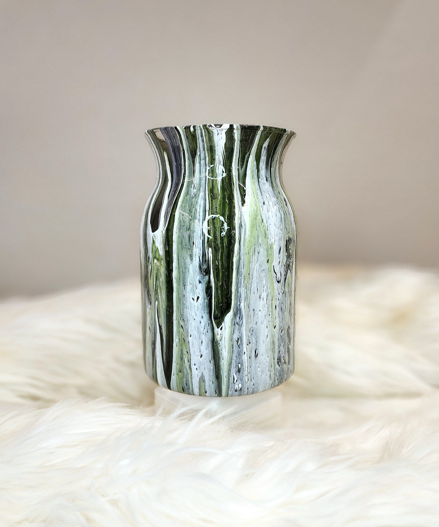 (Green, White, Black, and Gold) Acrylic Fluid Art Vase 4.75"w × 7.75"h
