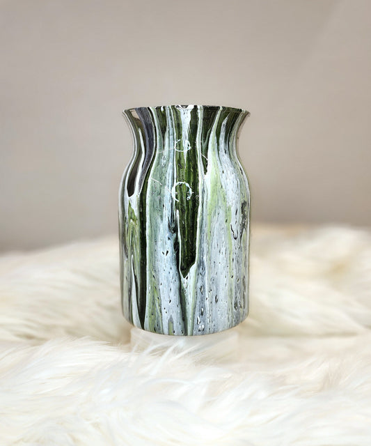 (Green, White, Black, and Gold) Acrylic Fluid Art Vase 4.75"w × 7.75"h