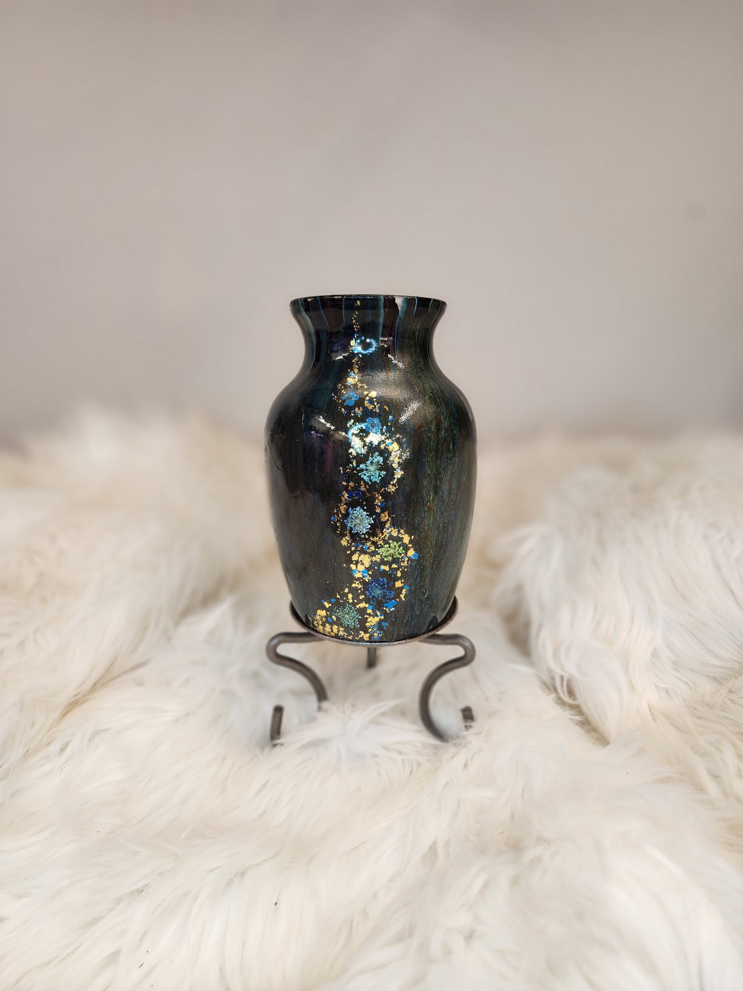 (Blue, Black, Brown, with Gold flake and real dried flowers) Acrylic Fluid Art Vase 5"W x 7"H