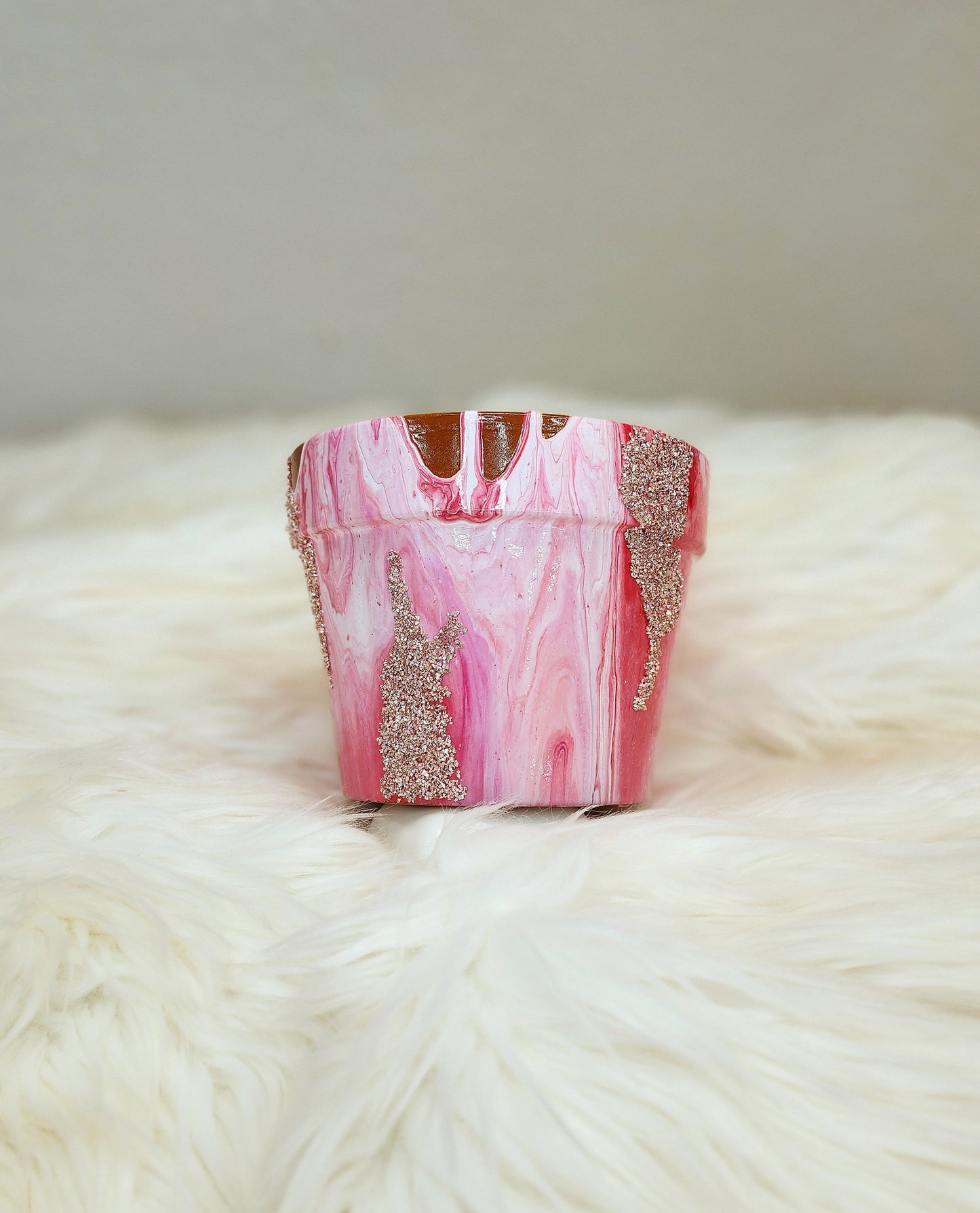 (Pink, White, and Red with Sparkle Accents) Acrylic Fluid Art Pot 6.5"w x 5"h