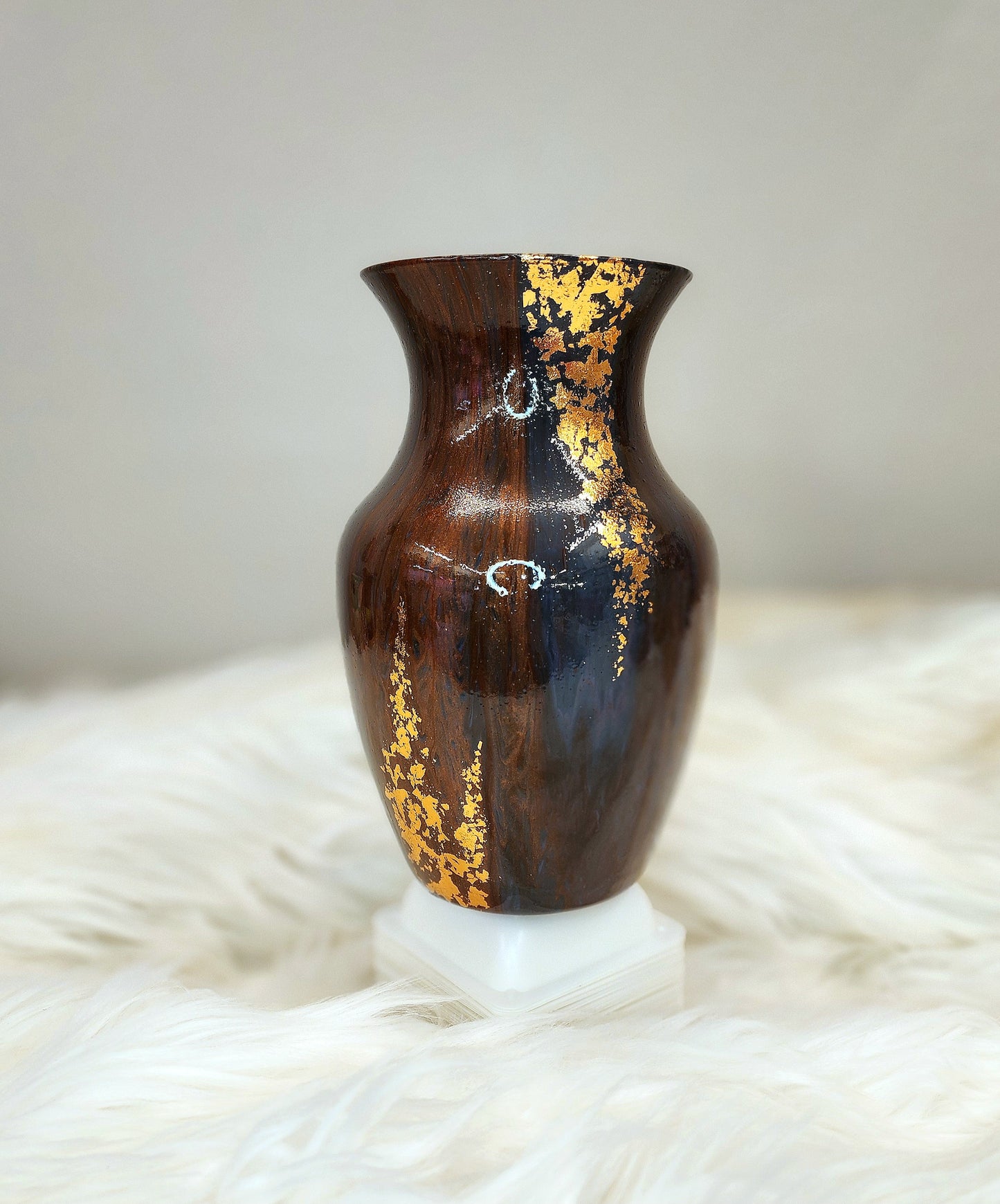 (Navy, Copper and Dark Purple with Gold Flake) Acrylic Fluid Art Vase 4"w × 8"h