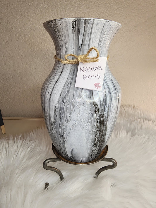 (White, Black, and Grey) Acrylic Fluid Art Vase 5"W x 8"H