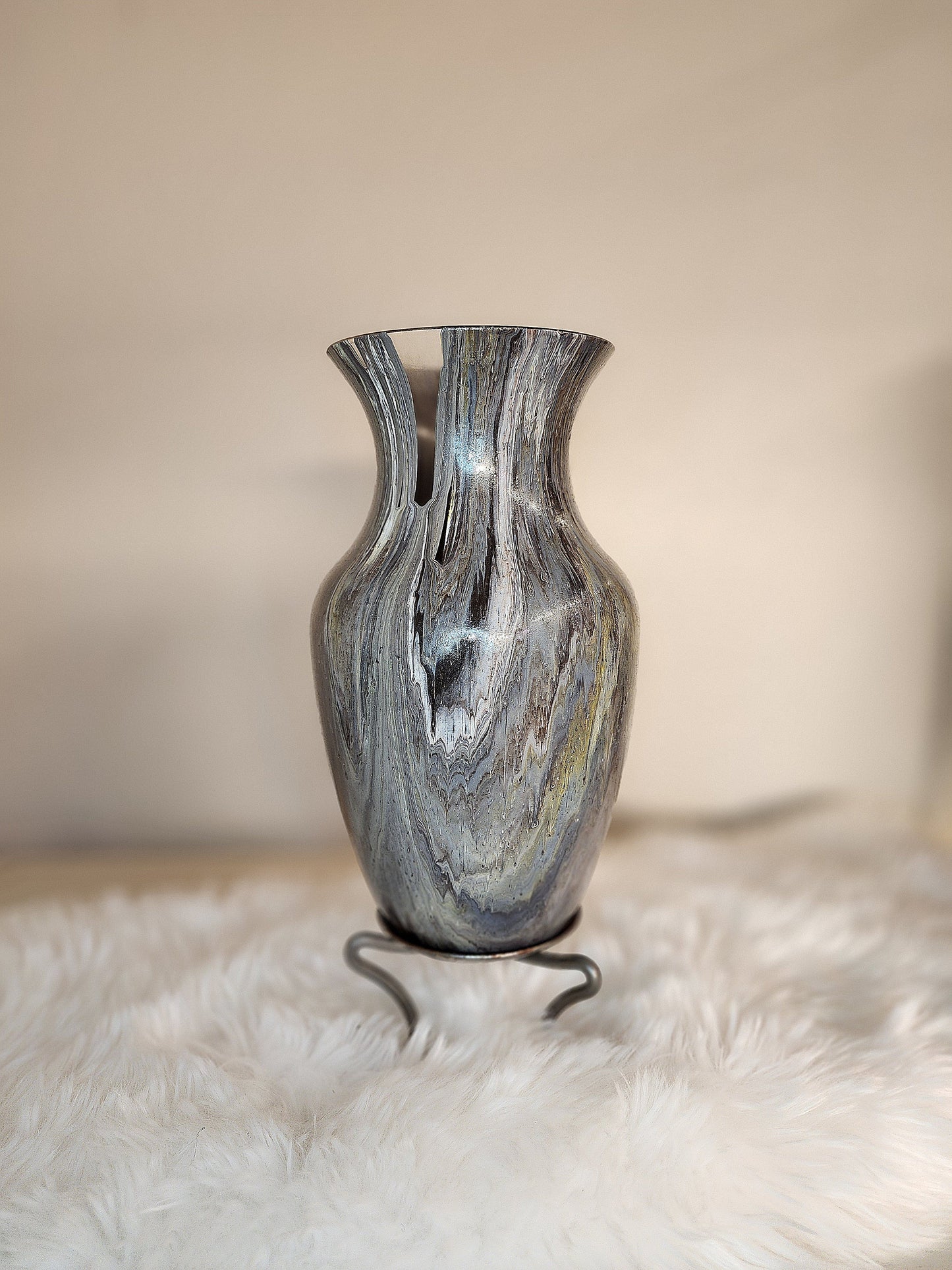(Blue, Grey, Brown, and White) Acrylic Fluid Art Vase 6.5"W x 11"H