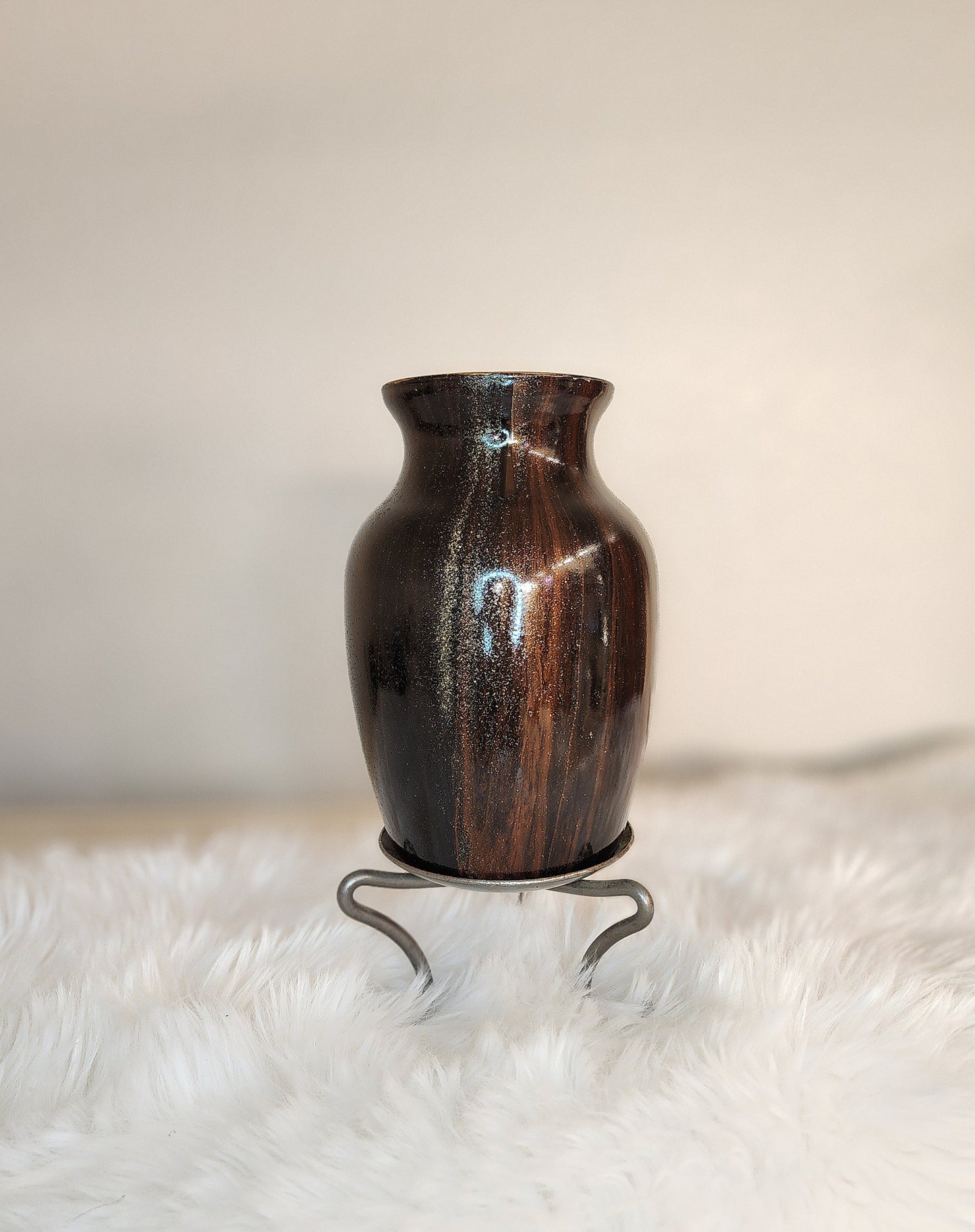 (Black, and Copper with *Gold Sparkle - Woodgrain style) Acrylic Fluid Art Vase 5.5"w by 7"h